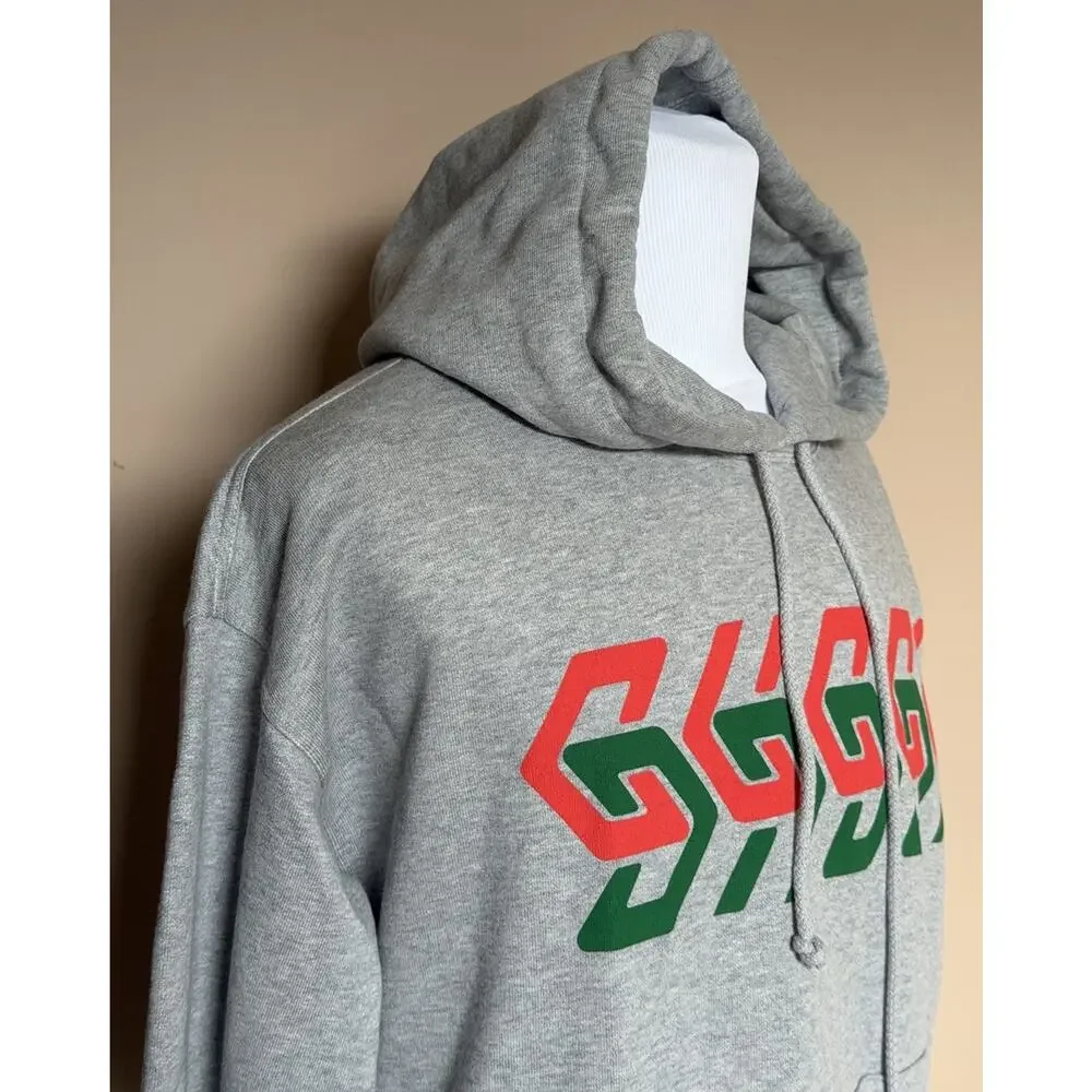 Gucci Chain Print Logo Hooded Sweatshirt Gray Hoodie Men’s Medium 715911 NWT